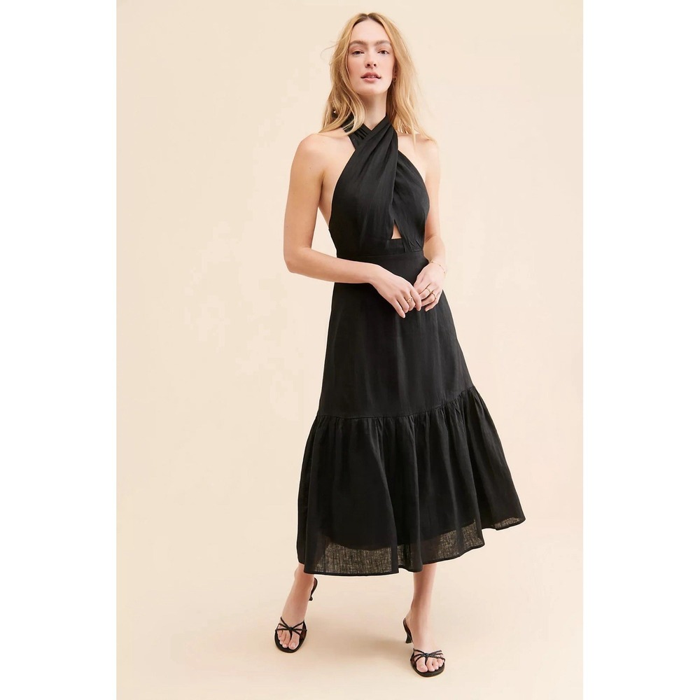 Anthropologie Linen Halter Maxi Dress Black L Sleeveless Ruffle Open Back Boho